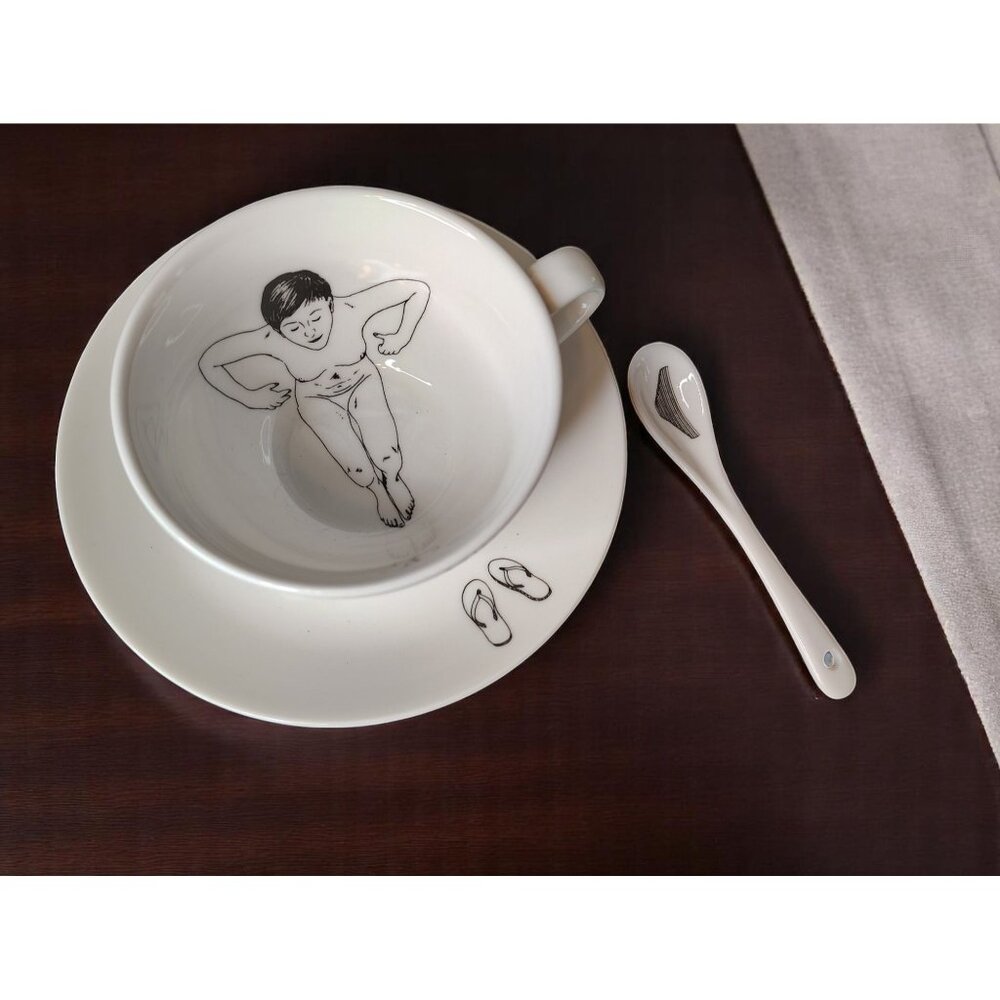 Pols Potten Teacup Saucer Spoon Set, Naughty Undressed Bathing Woman Porcelain